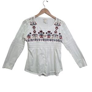 Sundance White w Floral Embroidered Cotton Long Sleeve Top SZ M Boho Festival